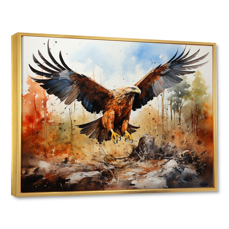 Aigle en vol chasse sur toile, H 12 po x l 20 po x P 1 po, Cadre flottant doré