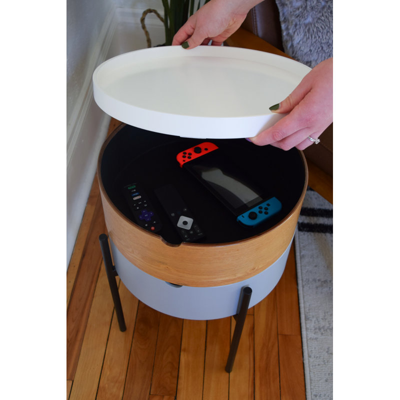 Round White and Wood End Table with Black Metal Legs