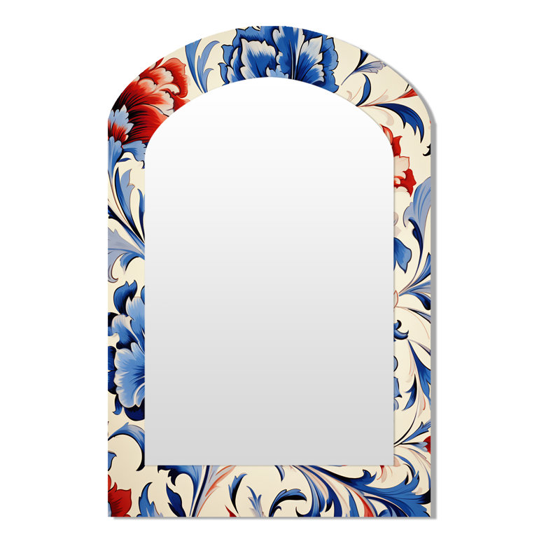Floral Red And Blue Turkish Tiles III - Floral Asymmetrical Mirror, Blue Arch Unique Wall Mirror, Printed Metal Art