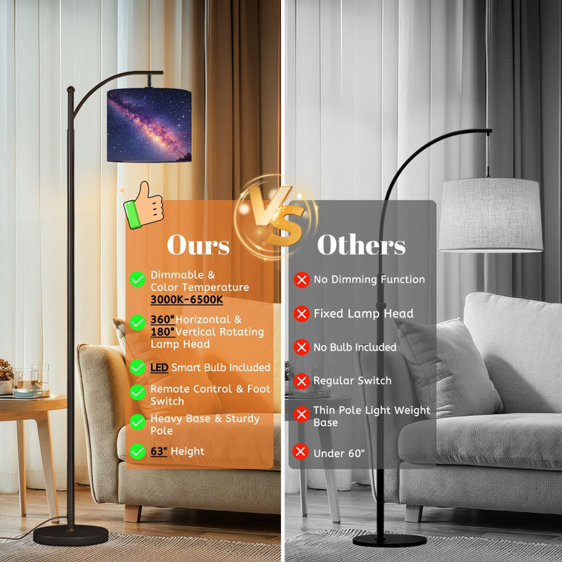 Lampe sur pied à arc avec abat-jour réglable Voie Lactée Voie Lactée 3 températures de couleur Lampe à mât haut avec interrupteur au pied pour la chambre à coucher