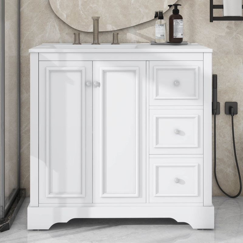 Meuble-lavabo autonome 36 po avec lavabo en céramique 3 tiroirs, 2 portes et tablette réglable, Blanc