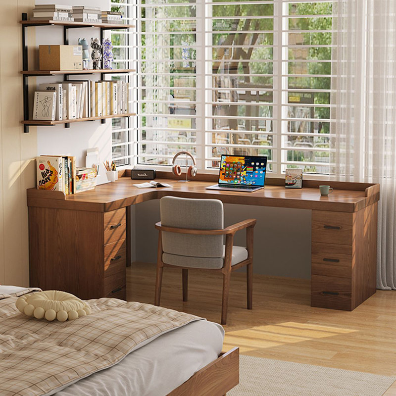 70.87"Walnut L-Shaped Solid Wood with 6 drawers desk, 29.53" H x 62.99" W x 47.24" D, Left Hand Return