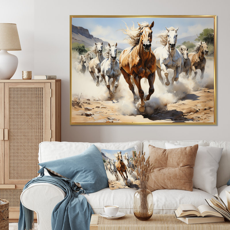 Cowboy Wild Mustangs Cowboys - Cowboys Canvas Art Print, Cadre flottant doré, H 30 po x l 40 po x P 1,5 po