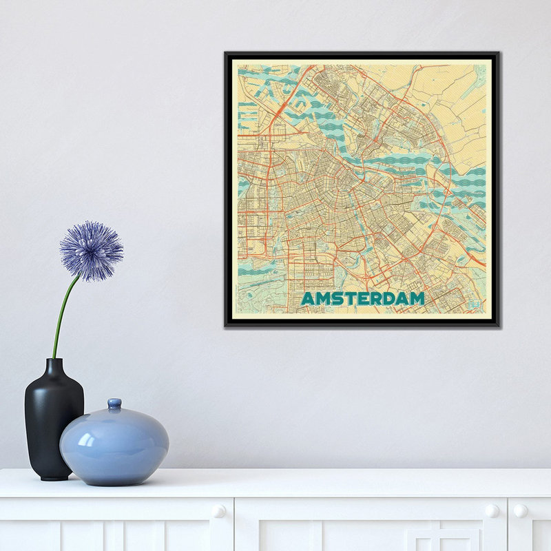 « amsterdam rétro urban blueprint map », reproduction d’impression sur toile, H 26 po x l 26 po x P 1,5 po, Pas de tapis