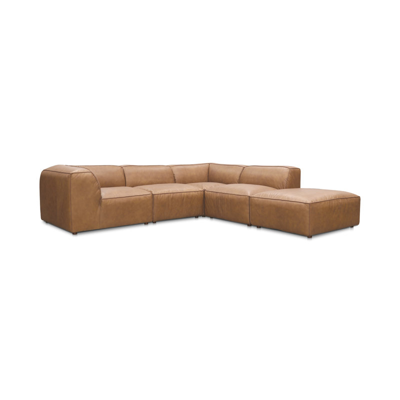 5-Piece Top-Grain Leather Modular Sectional with Ottoman, Tan Genuine Leather, 26" H x 112" W x 71.5" D
