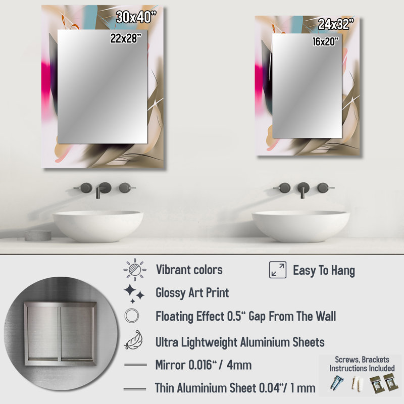 Shape Abstract Artwork III - Abstract Painting Mirror, Pink Unique Wall Mirror, Printed Metal Art, 40" x 30"