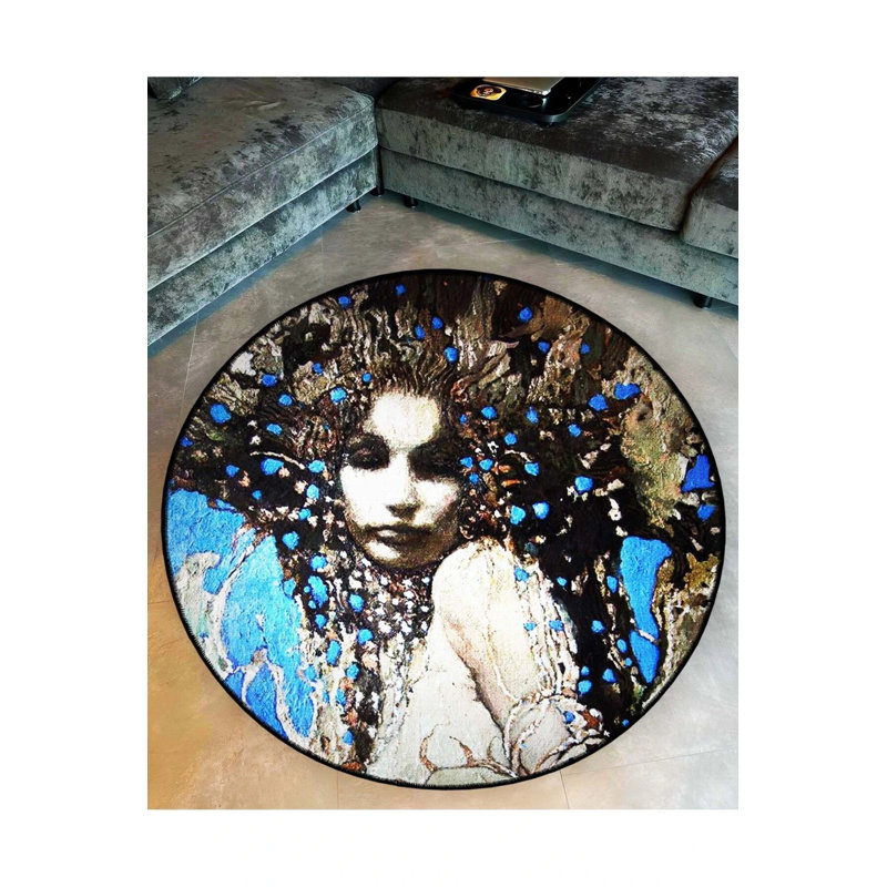 Multicolored Woman Portrait And Floral Patterned Round Woven Base Modern Decorative Carpet, Round 5'