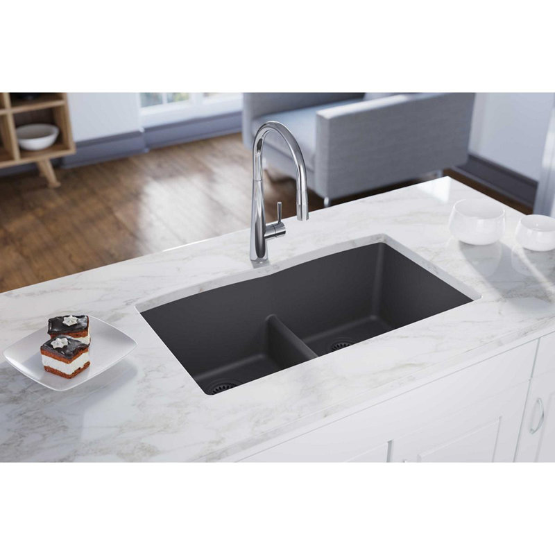 Quartz Luxe 33" L x 19" W Double Basin Undermount Kitchen Sink with Aqua Divide, Charcoal