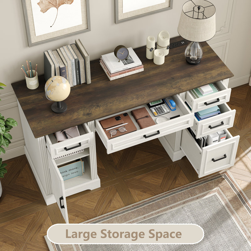 Buckhorn 58'' W Computer Desk with Outlet and 5 Drawers,Large Storage Cabinet for Home Office, Rustic Brown/ Off White