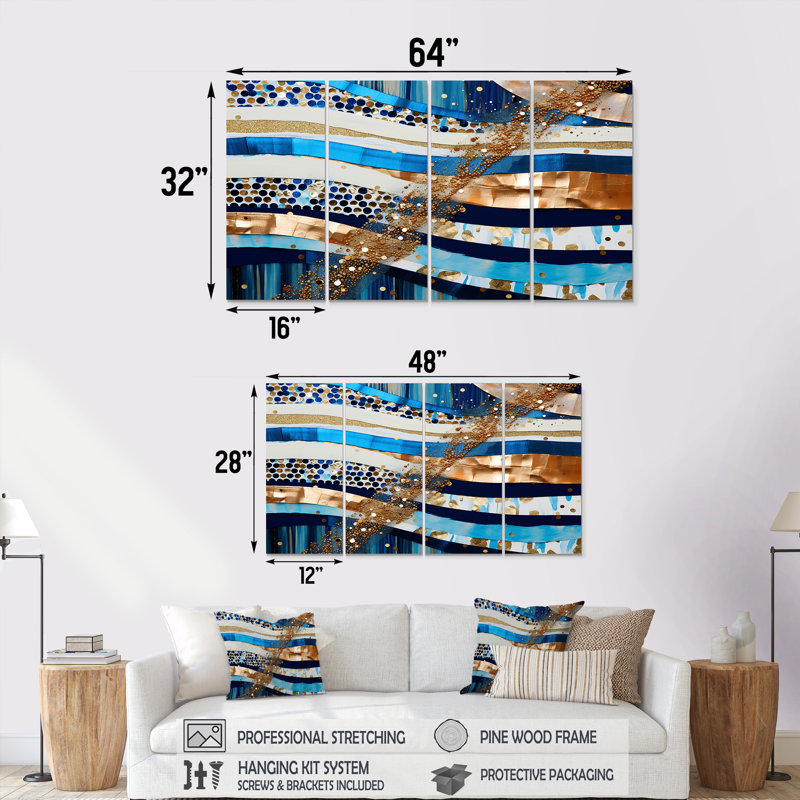 «Blue Sparkling Gold Current - Waves», art mural 4 pièces, H 28 po x l 48 po