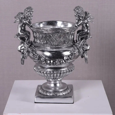Small Silver Angels and Lion Urn Statue