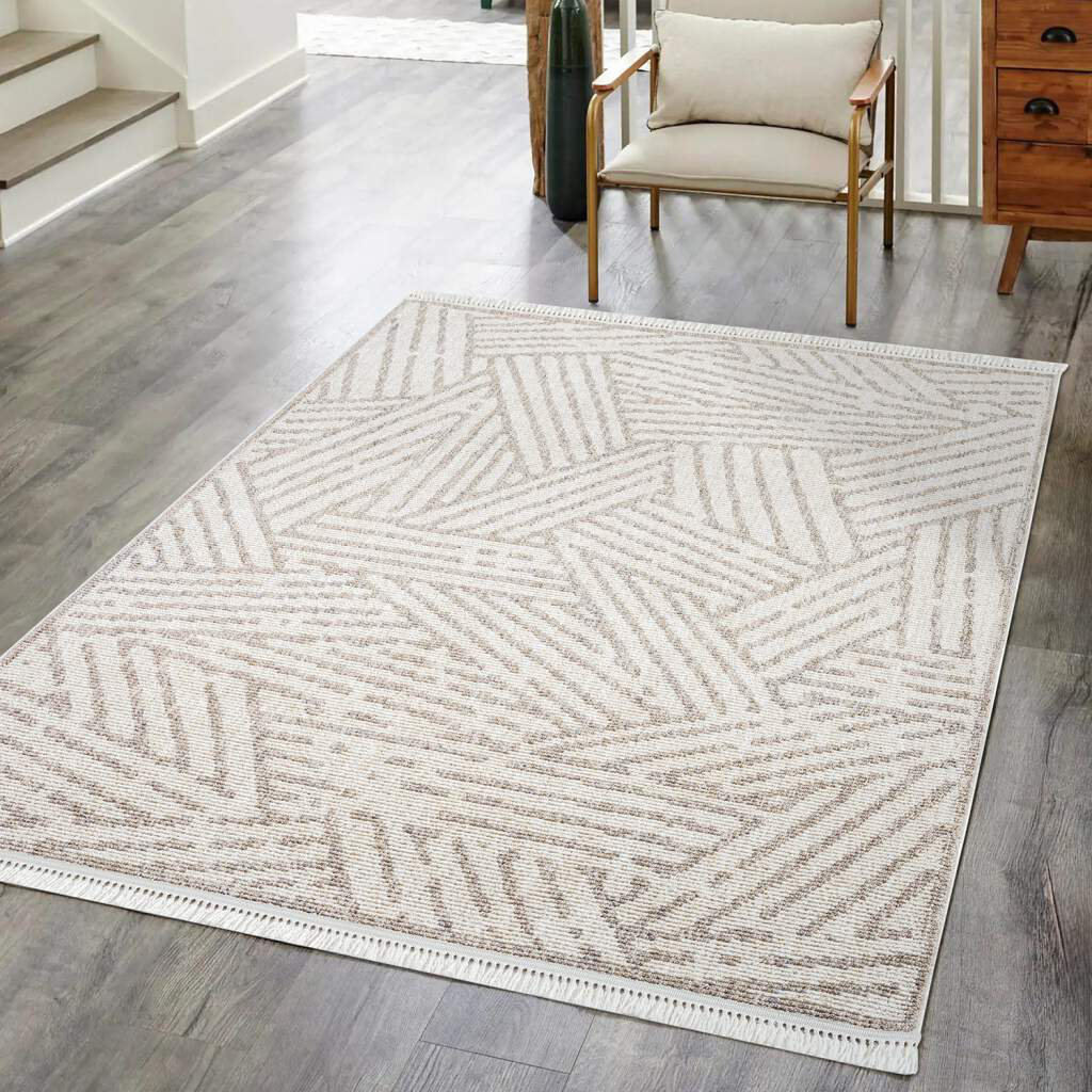 Teppich 9161 Kurzflor Geometrisch Beige mit Fransen für Wohnzimmer, Boho-Stil