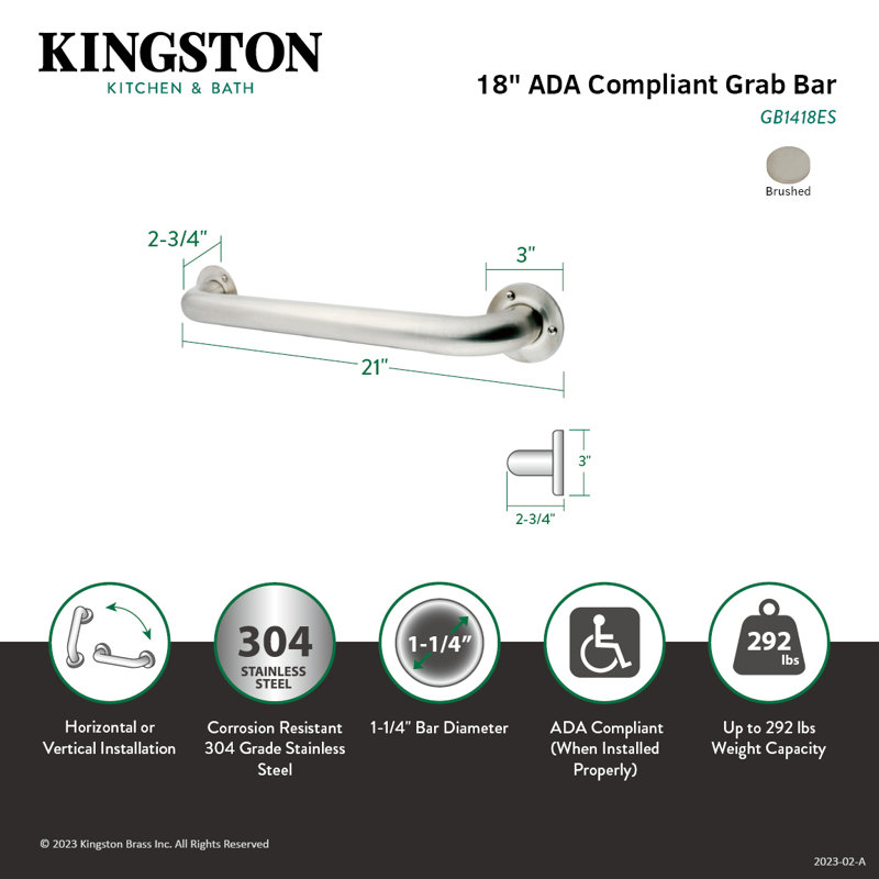 Kingston Brass Made To Match 1-1/4 Inch O.D Grab Bar, 18" W