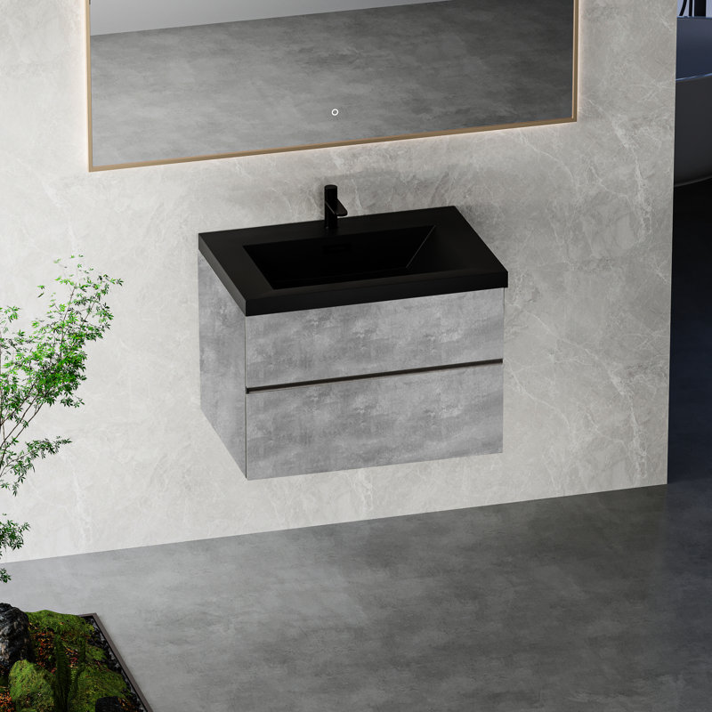 Meuble-lavabo mural flottant gris ciment 30 po, lavabo à sable en quartz noir, tiroirs à fermeture en douceur, peu encombrant, construction avec évier, sable, armoire, lavabo facile à nettoyer