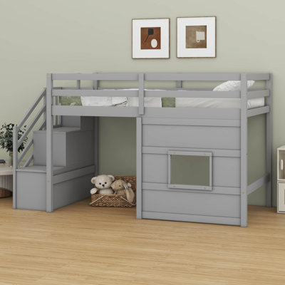 Wood Twin Low Loft Bed With Stairs, Twin Size Loft Bed With Storage Staircase And Window