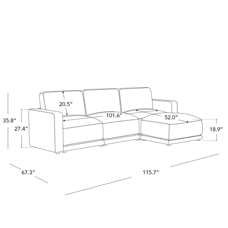 Libbna 115.7'' Italian Design Linen Upholstered Sectional, 35.8" H x 115.7" W x 67.3" D