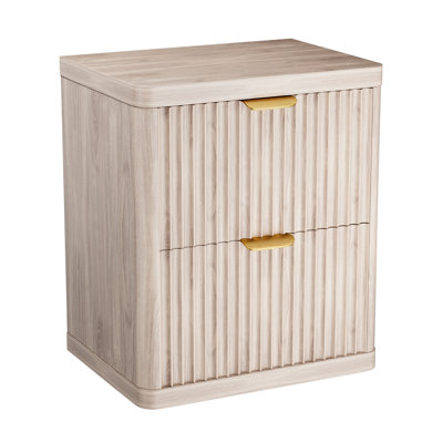 Fluted Nightstand, Large 2 Drawer Bedside Table, Modern Wood End Table With Curved Corners, Metal Handle For Bedroom, Living Room, Small Space
