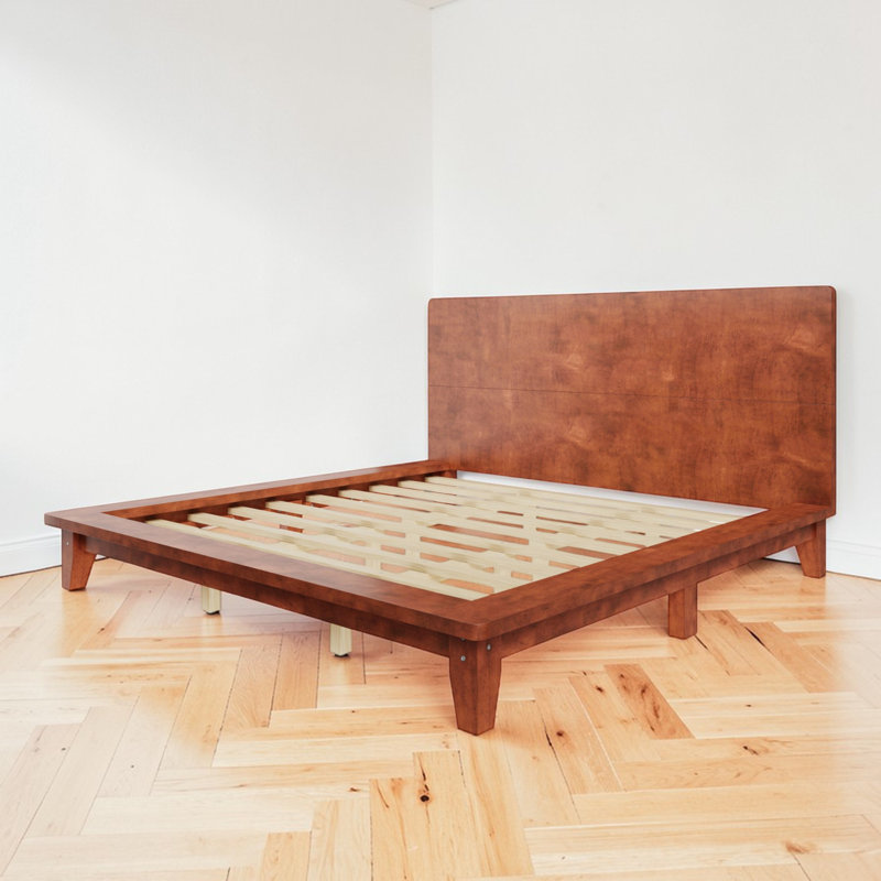 Wood Platform Bed With Wide Edge Frame, Low-Profile, Rectangular Panel Headboard, Contemporary, Bedroom, Brown, King