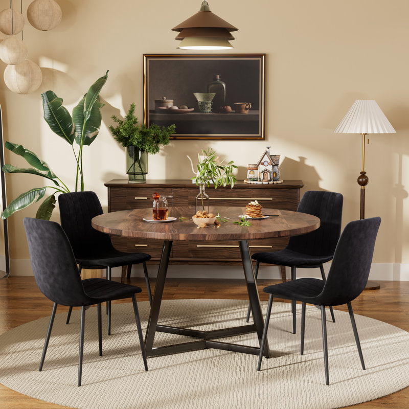 Round Dining Table Set with Velvet Upholstery Chairs, 5, Black, Walnut
