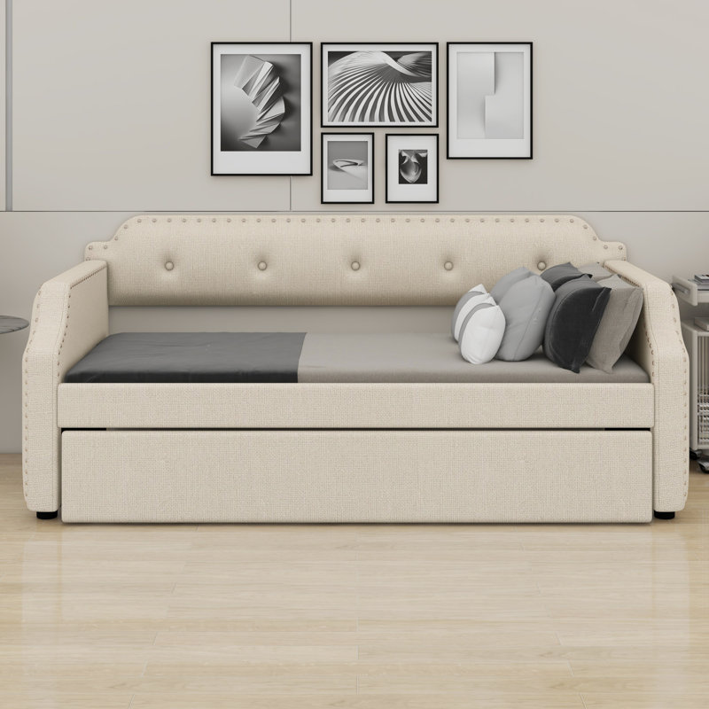 Upholstered Daybed With Trundle, Wood Slat Support,Upholstered Frame Sofa Bed, Beige