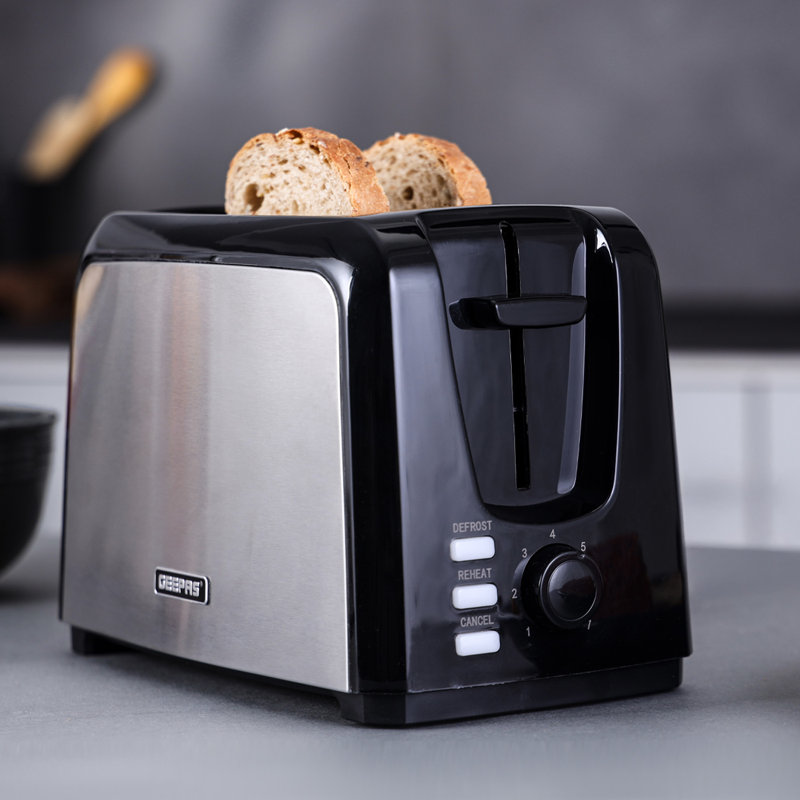 Geepas 2 Slice Bread Toaster With 7 Level Browning Control 750W, Silver, Black/Silver