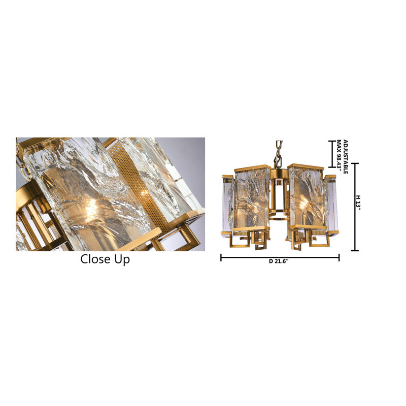 Lustre 6 lumières Jennette avec plaques en cristal transparent, Laiton