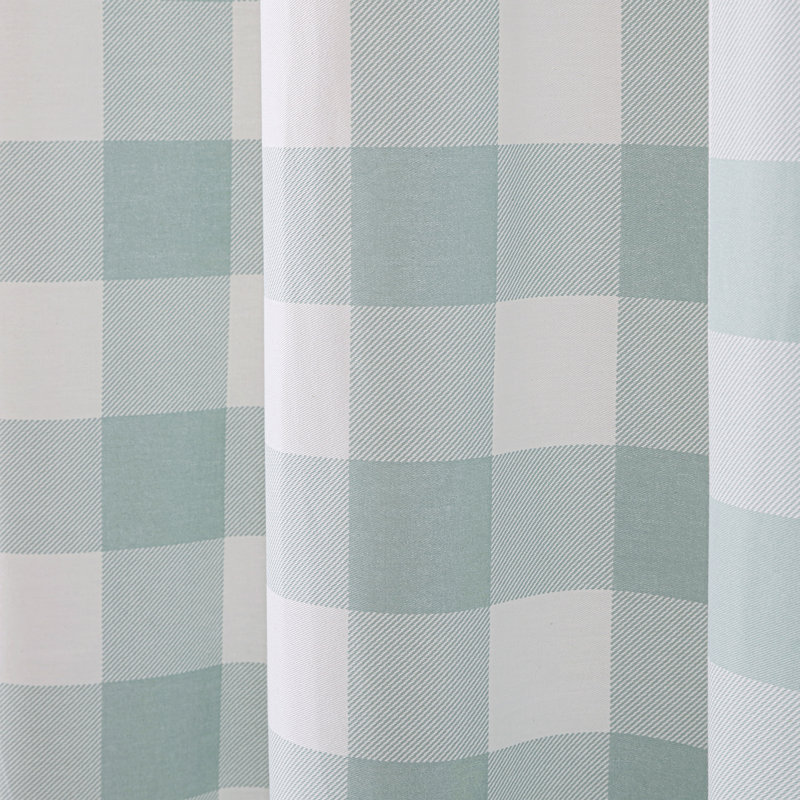 Green Plaid Cotton Shower Curtain with Buttonhole Top
