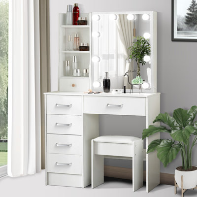 Makeup Vanity with 10 Light Bulbs, Vanity Desk with Lighted Mirror & 3 Drawers Chest, Vanity Set, Vanity Table with Stool for Bedroom, White