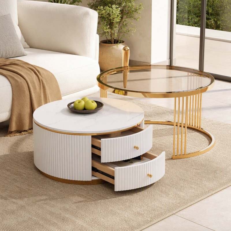 Table basse gigogne moderne 2 pièces avec tiroirs et plateau en verre trempé brun moderne 27,6