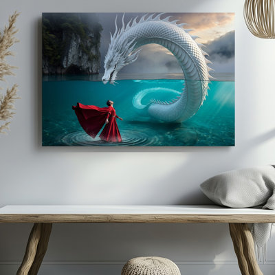 Toile, une scène mystique sereine se déroule dans un cristal turquoise transparent, plan d'eau où un majestueux dragon blanc avec toile