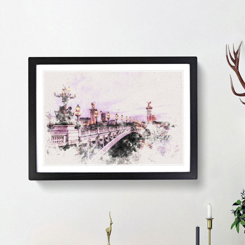 Pont Alexandre III Bridge in Paris France - Picture Frame Painting Print, 62cm H x 87cm W x 2cm D, Black Framed
