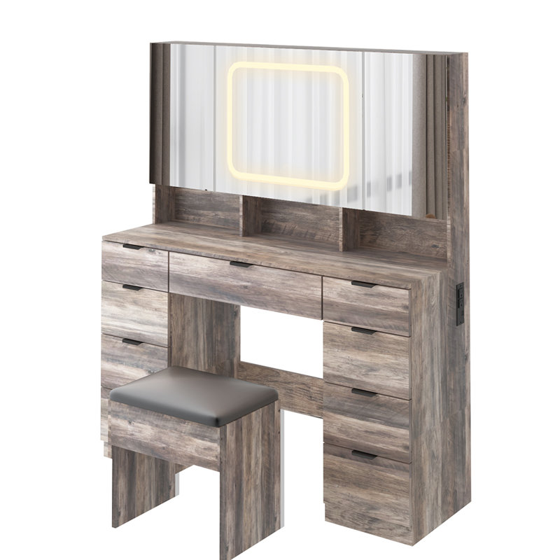 Ensemble de coiffeuse avec 3 miroirs et lumières DEL, Noir, noir, noir, noir, Gris