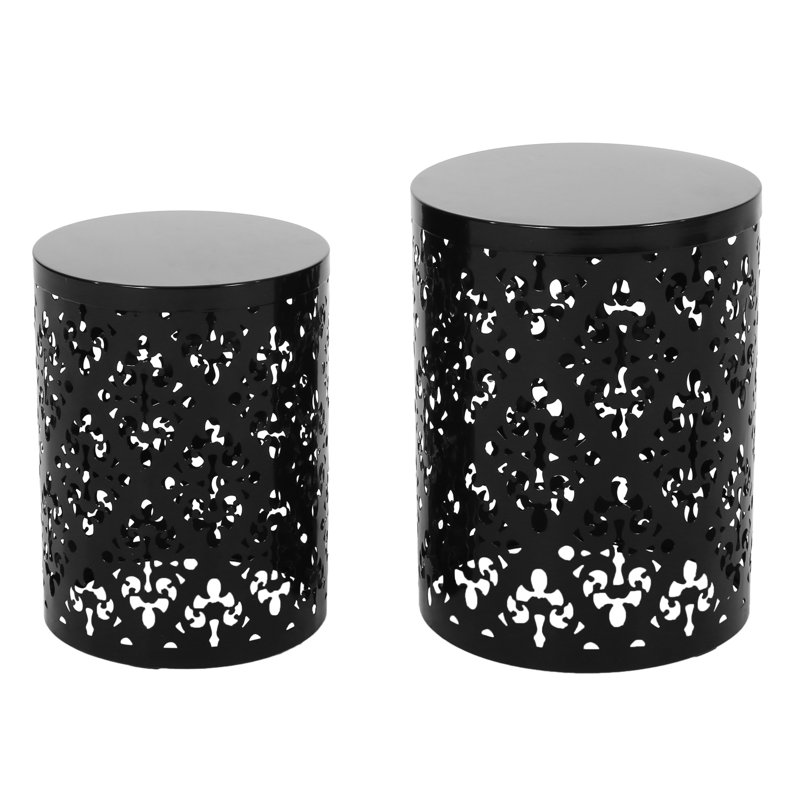 Modern Metal Side Table Of 2, Iron Cut Design With Fashionable Touch, Powder-Coated Frame, Black, No Assembly, 13.75W X 13.75D 18.00H & 11.75W 11.75D 15.75H S/2 End Tables, Frame Design, Iron, Sizes