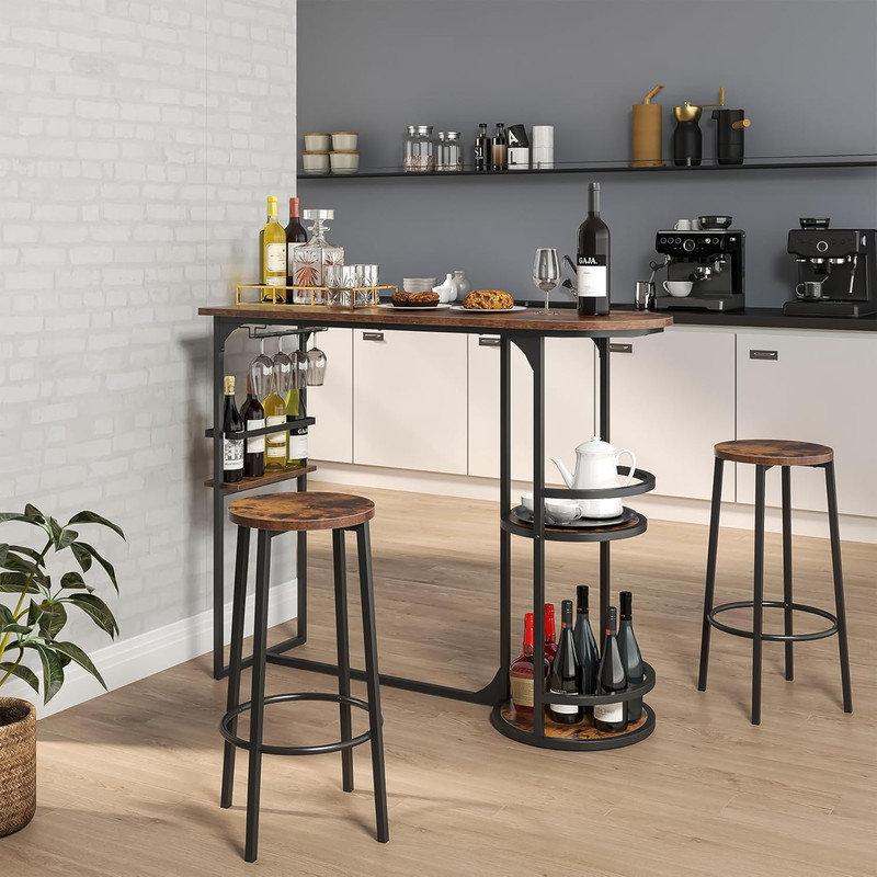 Bar Table Set for 2,Dining Table with 2 Stools and Storage Racks,Brown