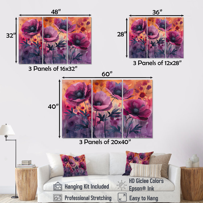 Mauve rouge délicat Poppy Meadows - Ensemble de décorations murales coquelicots, H 28 po x l 36 po x P 1 po, Toile tendue