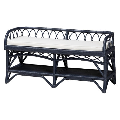 bali & pari Leryn Natural Rattan Bench with Shelf, Navy Blue