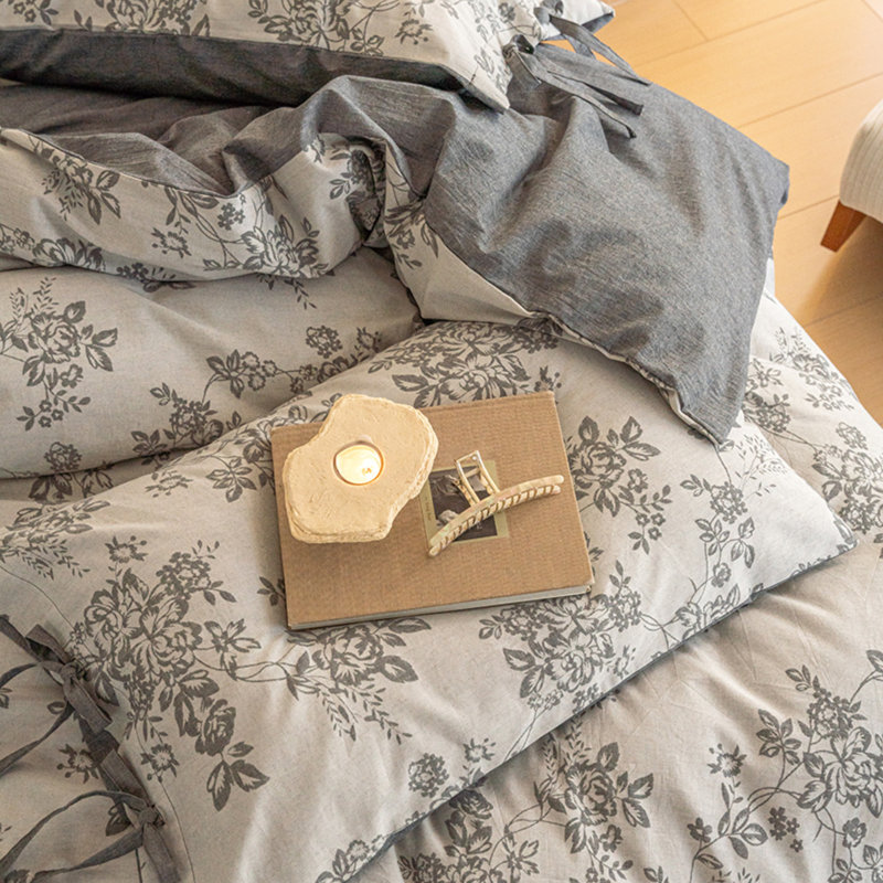 Retro Monet Linen Bowknot Cotton Duvet Cover Set, Gray, Queen Duvet Cover + 2 Queen Pillowcases