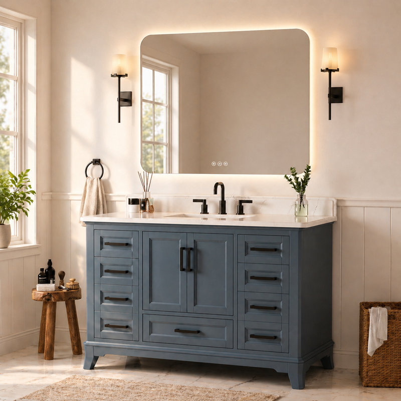 Ensemble de meuble-lavabo autoportant à simple cuve 48 po avec plateau en quartz Allendale, tiroirs et portes à fermeture en douceur