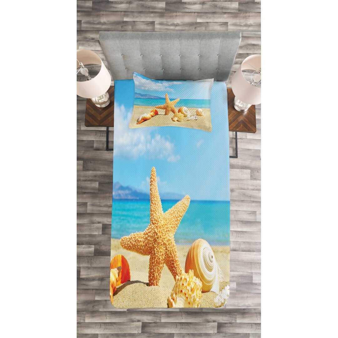 Gestepptes Bettdecken-Set, Strand-Sand mit Seestern, Sommer, Aqua Ivory Mustard