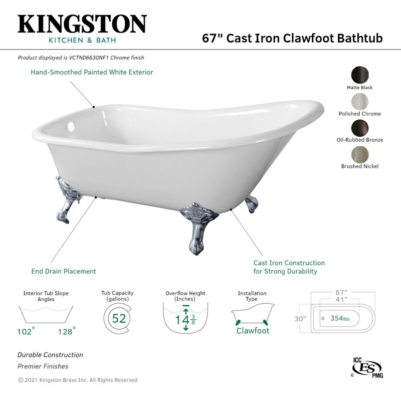 Kingston Brass Aqua Eden 67-Inch Cast Iron D-Shaped Single Slipper Clawfoot Tub (No Faucet Drillings), White/Brushed Nickel