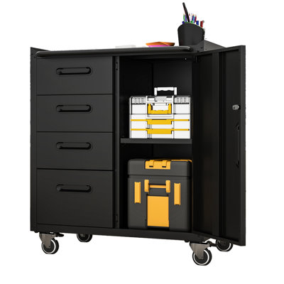 Heavy-Duty Metal Cabinet For Tools - 34.71"H X 28.68"W 16.31"D Black/Gray With Lockable Wheels & Drawers Robust Storage Area Ergonomic Handle Garage, Office, Home