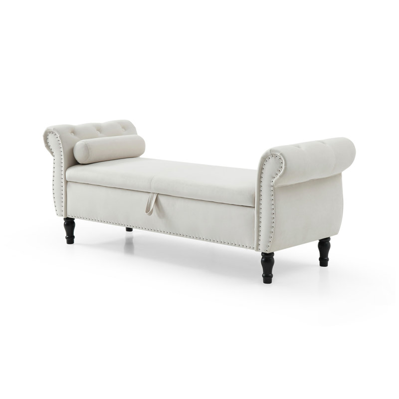 Aijia 63 "Velvet Multifonctionnel Banc de rangement rectangulaire Canapé Tabouret Boutons capitonnés cloutés avec repose-pieds et pieds en bois massif avec 1 coussin