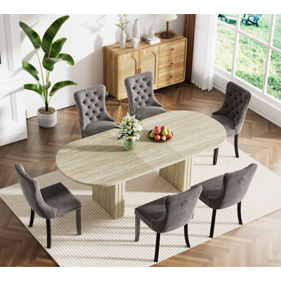 Extendable Dining Table Set, Rustic Oval Dining Room Table & Velvet Dining Chairs with Wood Leg, 62.99" -78.74" Dining Table and Chairs Set, Modern Di