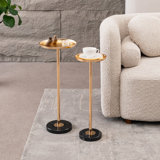 2 Pcs Adjustable Side Table, Small Tea Martini Table, Gold, Natural Marble Decorative Pedestal End Table For Display And Storage
