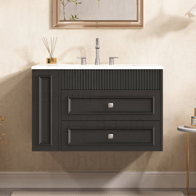 Meuble-lavabo mural avec 2 tiroirs, lavabo simple en céramique à 3 trous et armoire de rangement flottante moderne