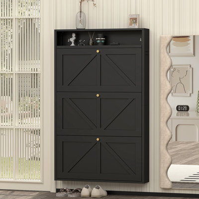Armoire à chaussures en métal avec 3 tiroirs rabattables, range-chaussures mural, étagère à chaussures étroite et étroite pour le vestibule, noir