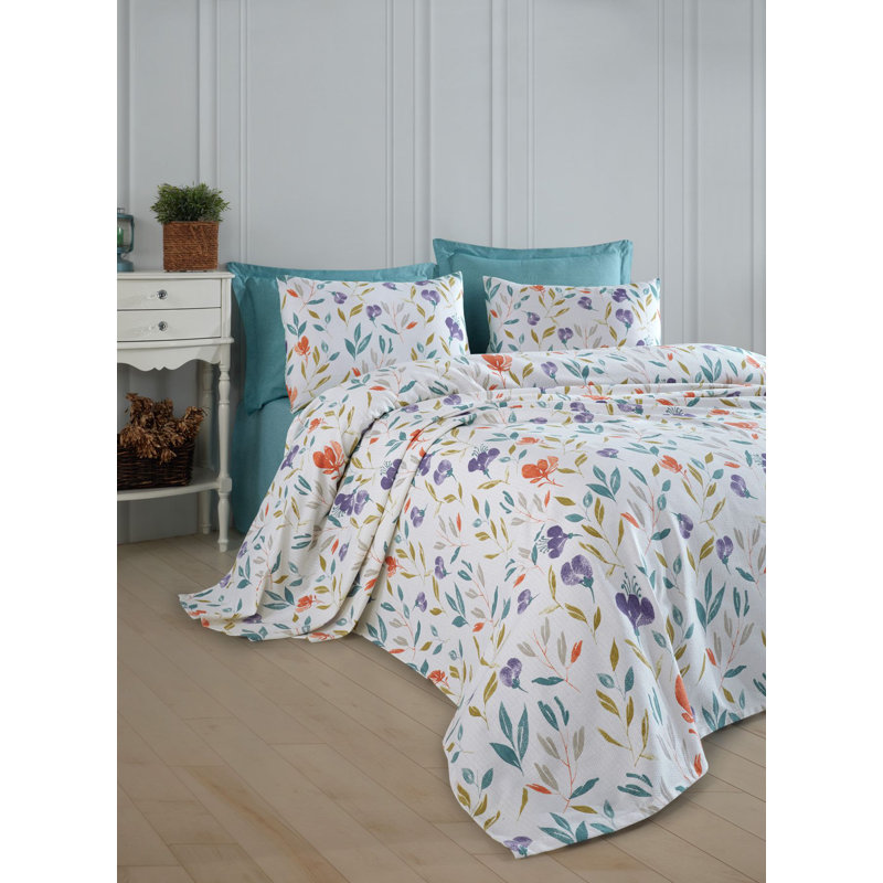 Premium Double Pique Blanket, 79 x 79 inches | 100% Cotton, 280 g/m² | Machine Washable at 86°F | Vibrant Turquoise, Lilac, Orange & White Colors | Perfect for Cozy Living Rooms & Stylish Home Decor