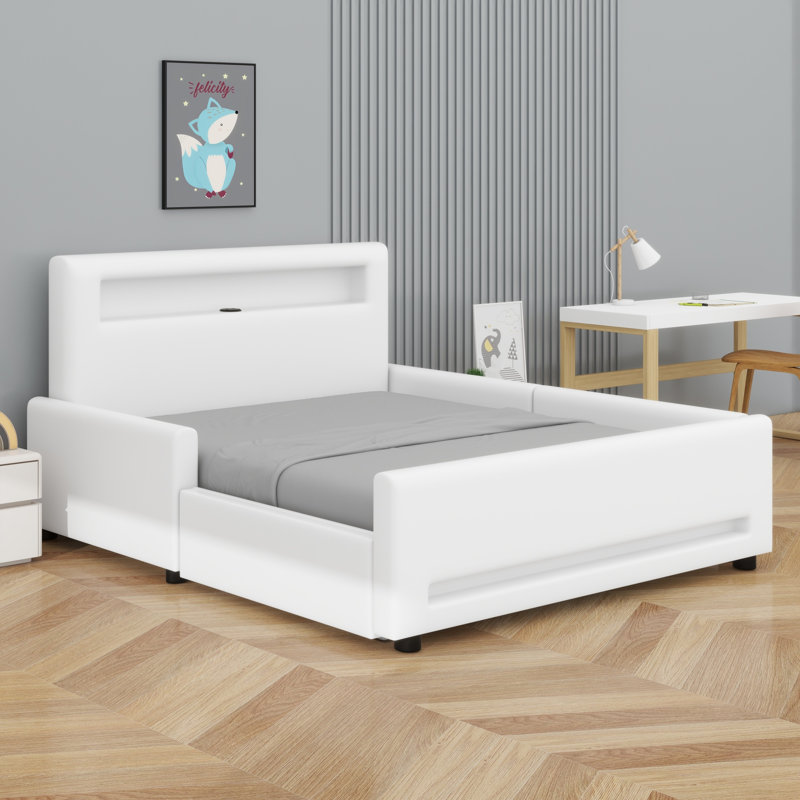 Lit plateforme tapissier à DEL avec tiroir de rangement et chargement USB, Blanc