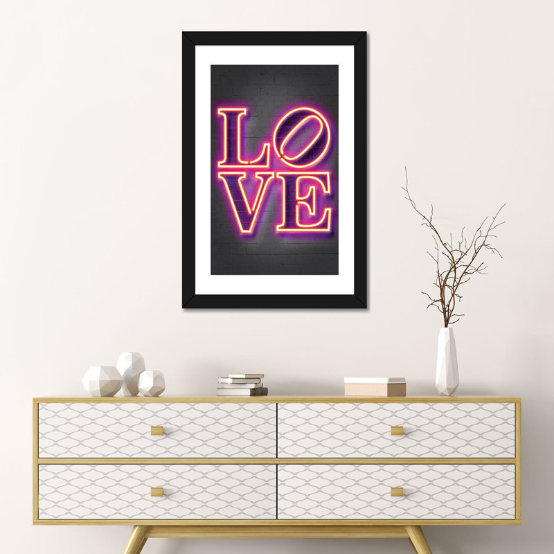 "Love" par Octavio Mielu-impression d’art textuel, H 24 po x l 16 po x P 1 po, Papier encadré noir, Blanc