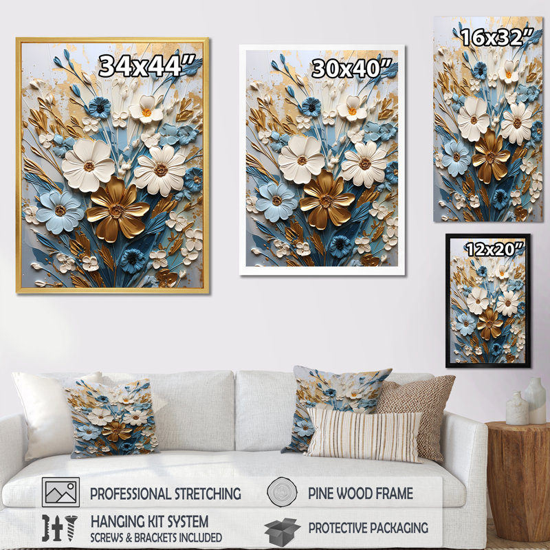 Rêves de fleurs dorées et blanches dorées III, H 32 po x l 24 po x P 1 po, Cadre naturel flottant